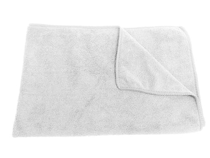 Light gray microfiber hair towel, folded with stitched edge and flap