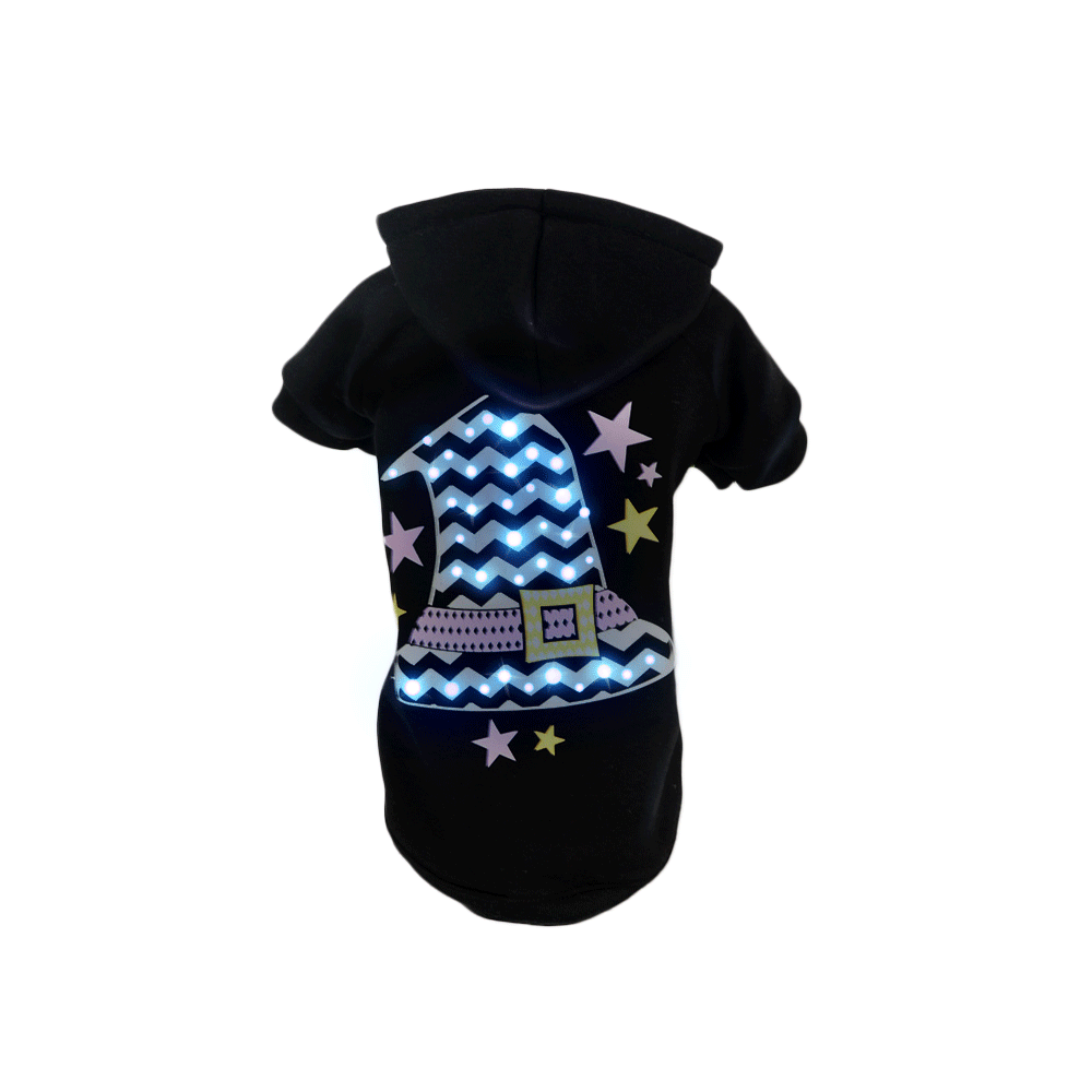 Black hooded LED pet sweater costume with glowing zigzag and star front panel