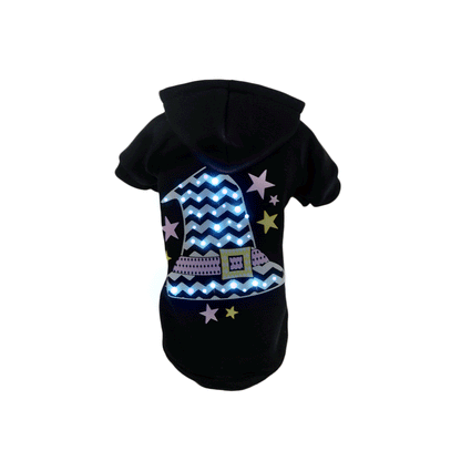 Black hooded LED pet sweater costume with glowing zigzag and star front panel