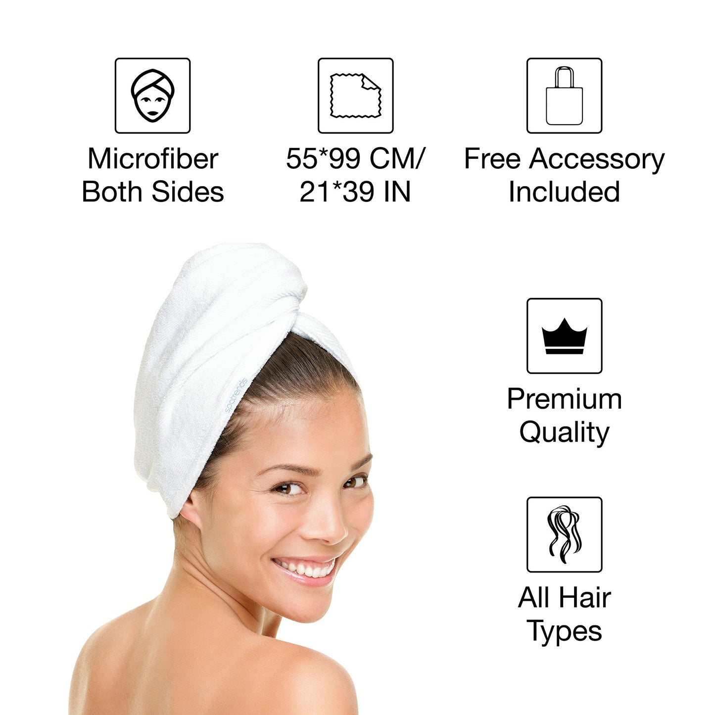 White microfiber hair towel turban with feature icons