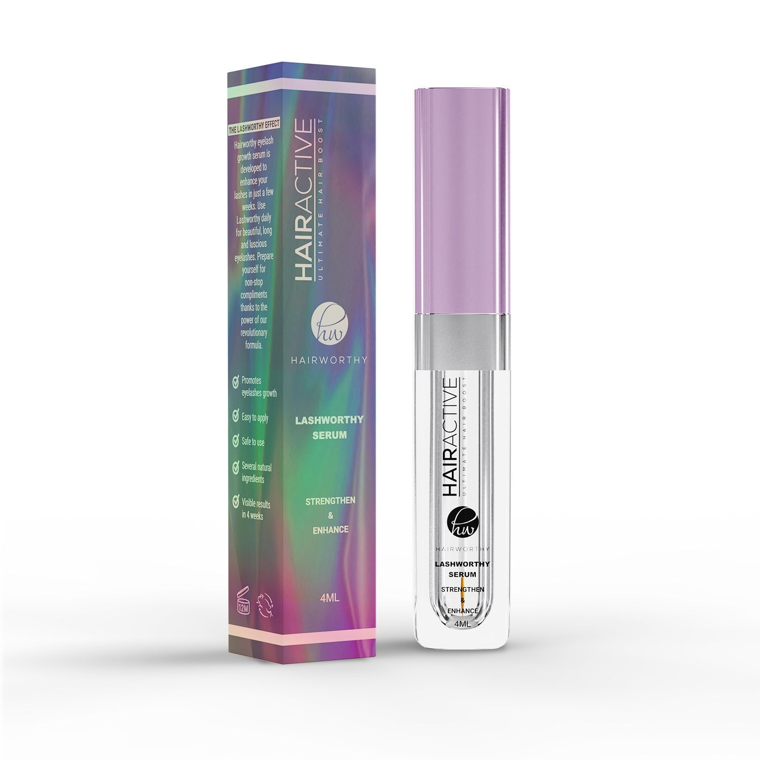 Eyelash serum bottle with purple cap and clear label beside matching product box.