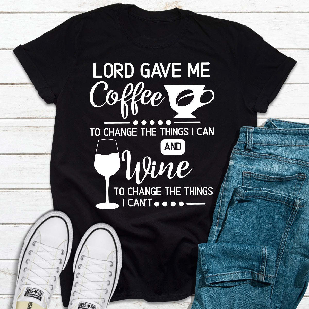 Black crewneck graphic tee with coffee and wine slogan on chest
