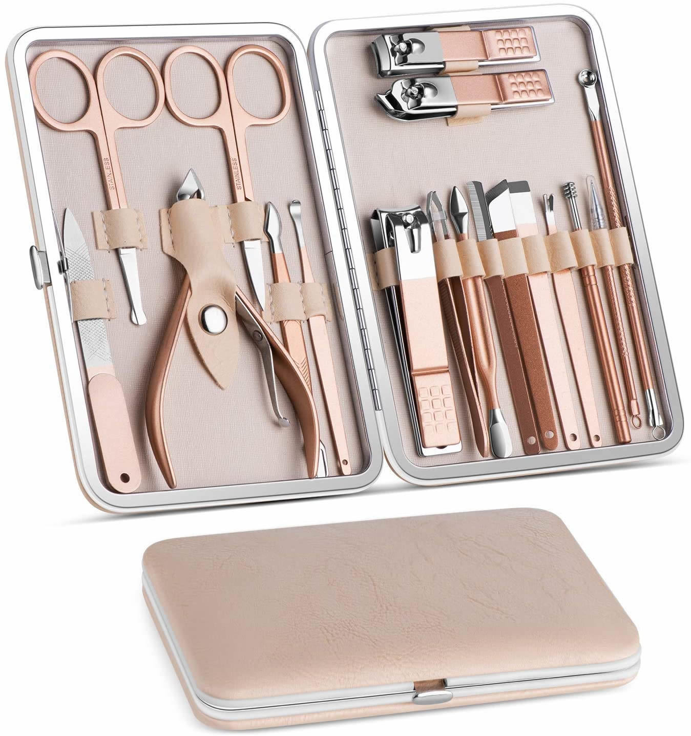 Manicure and pedicure tool set with rose tools in open case plus closed travel box