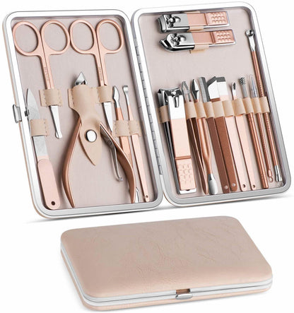 Manicure and pedicure tool set with rose tools in open case plus closed travel box