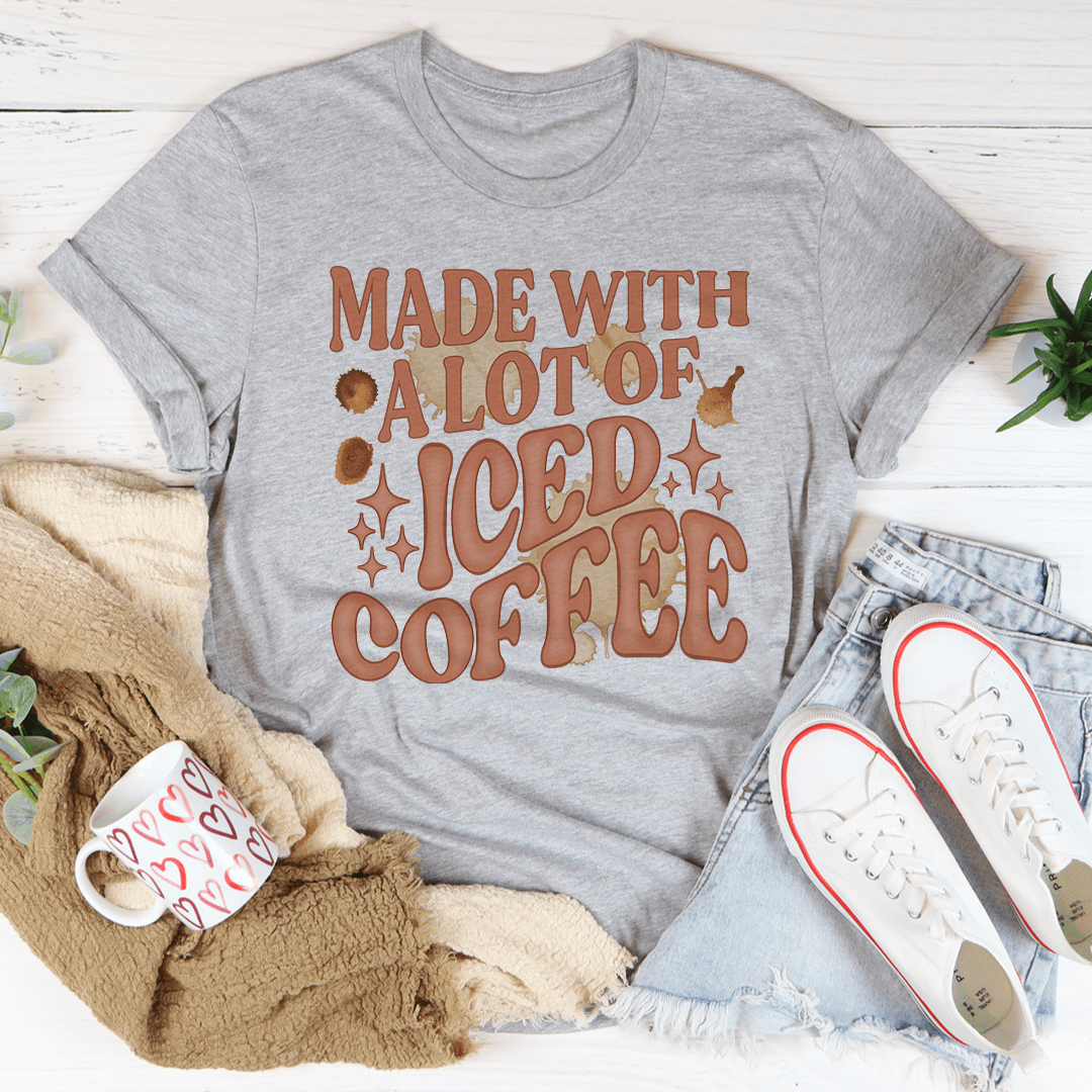 Heather gray T-shirt with “Made with a lot of Iced Coffee” front graphic