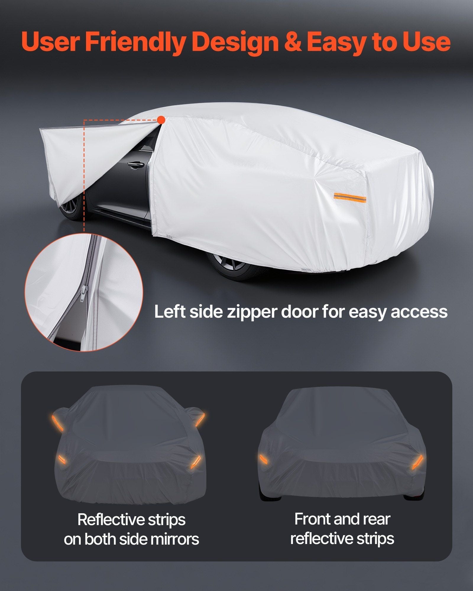 Car cover with left side zipper for access and reflective strips for mirrors