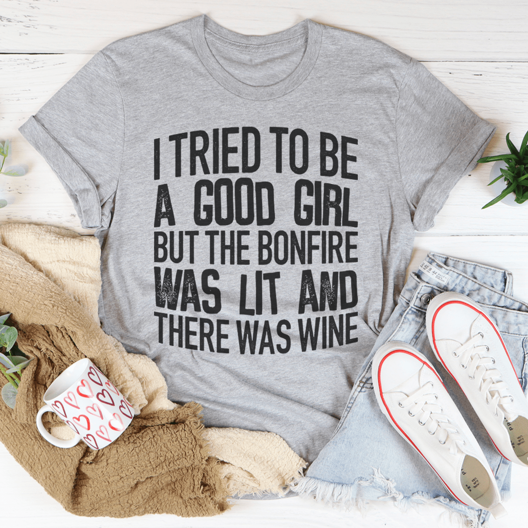 Heather gray graphic T-shirt with black slogan text on the front