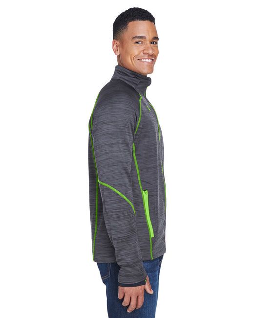 Men's heather fleece jacket side profile, dark gray with neon green zipper accents