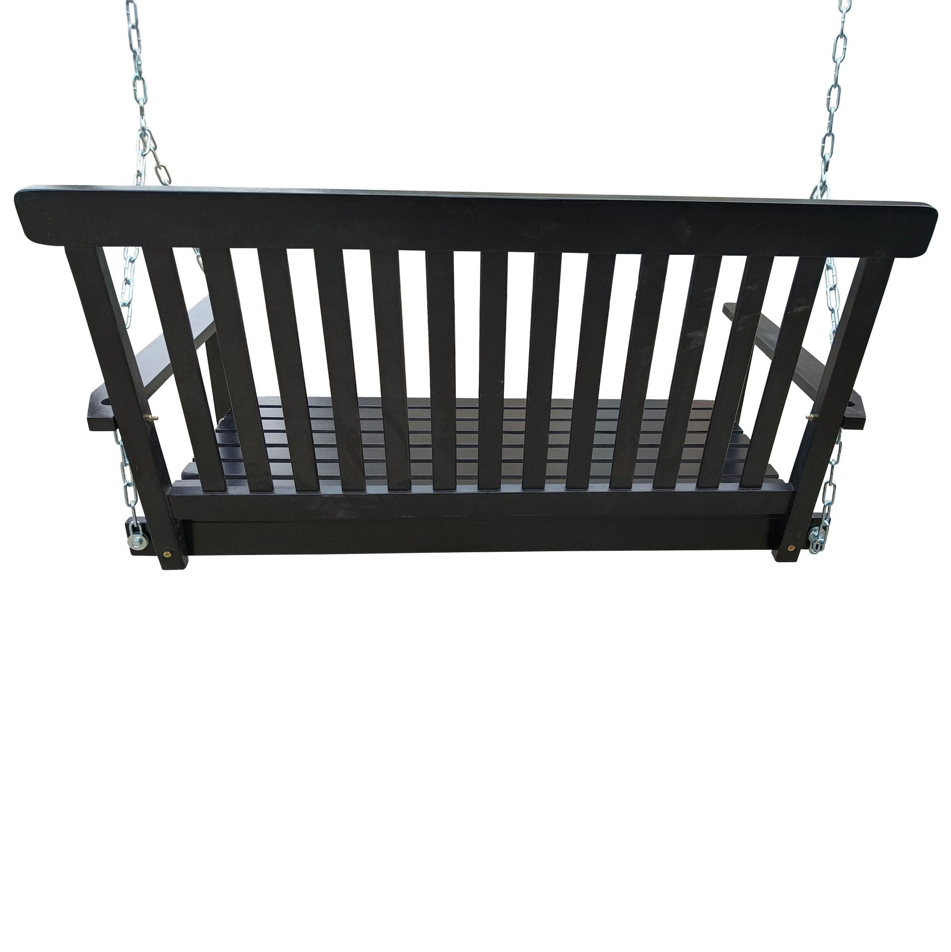 Black wood bench swing with slatted seat and back, hung by two chains.