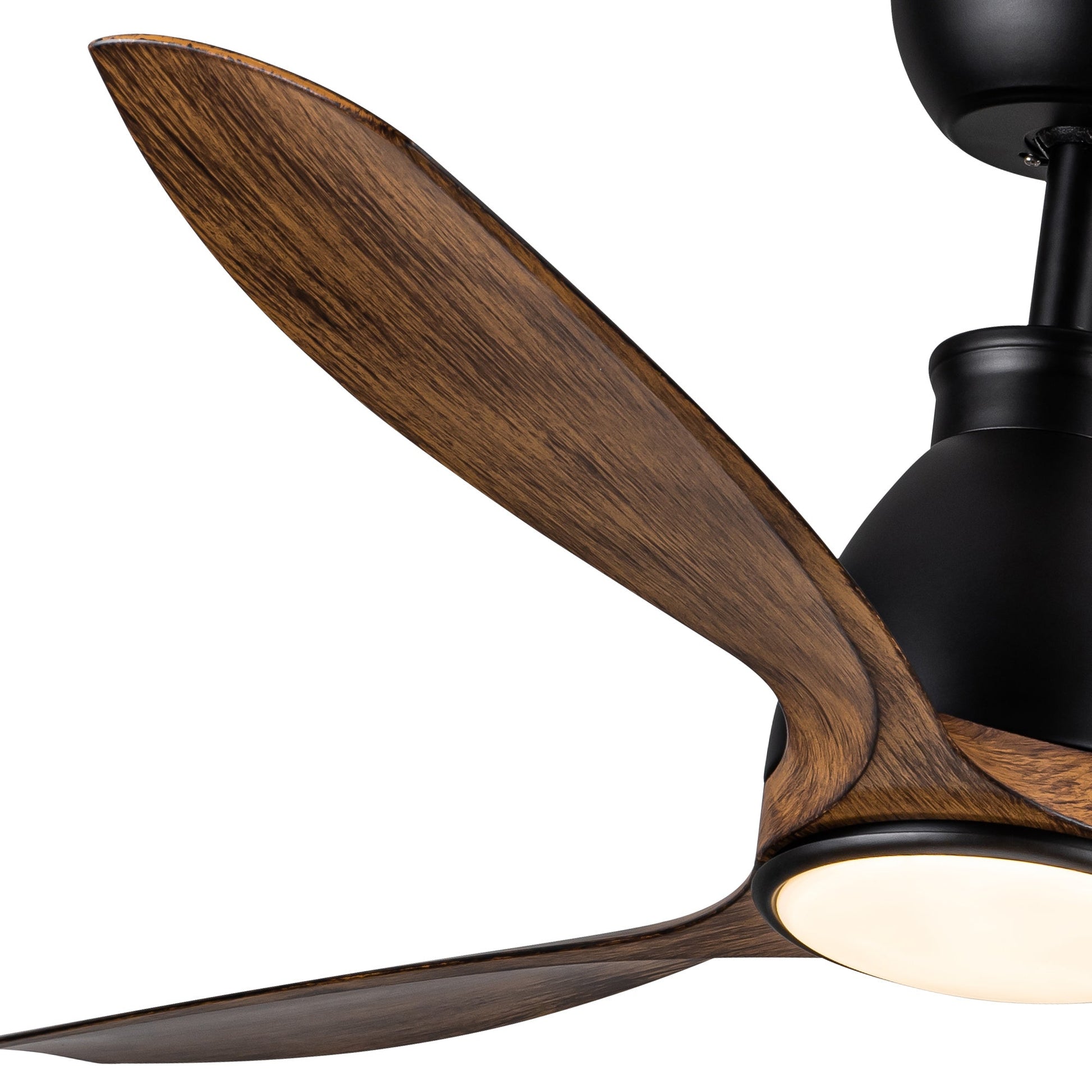 Black ceiling fan blade arm with brown wood blade and integrated LED light