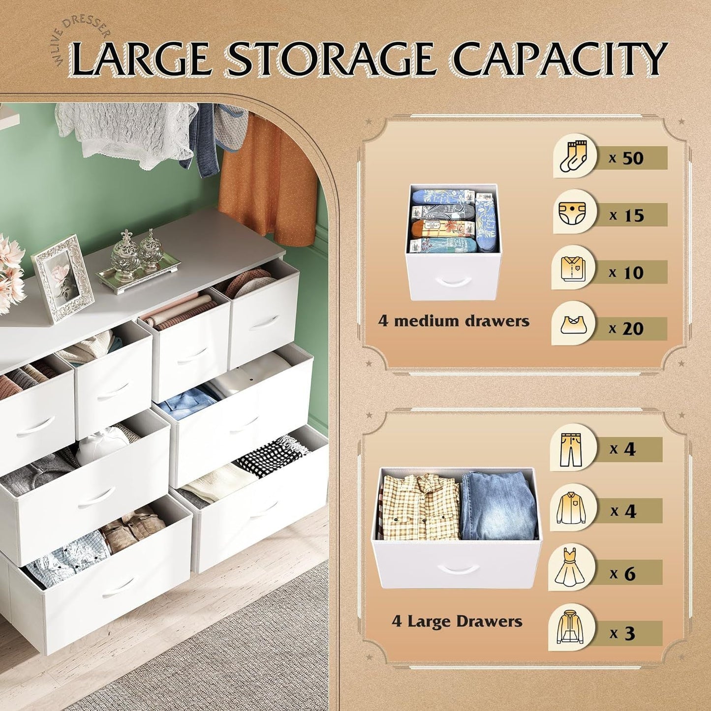 Dresser for Bedroom with 8 Drawers, Wide Fabric Dresser for Storage and Organization, Chest of Drawers, Dressers for Living Room, Closet, Hallway, Dark Grey