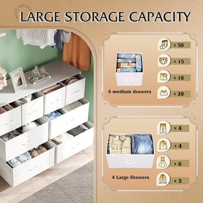 Dresser for Bedroom with 8 Drawers, Wide Fabric Dresser for Storage and Organization, Chest of Drawers, Dressers for Living Room, Closet, Hallway, Dark Grey