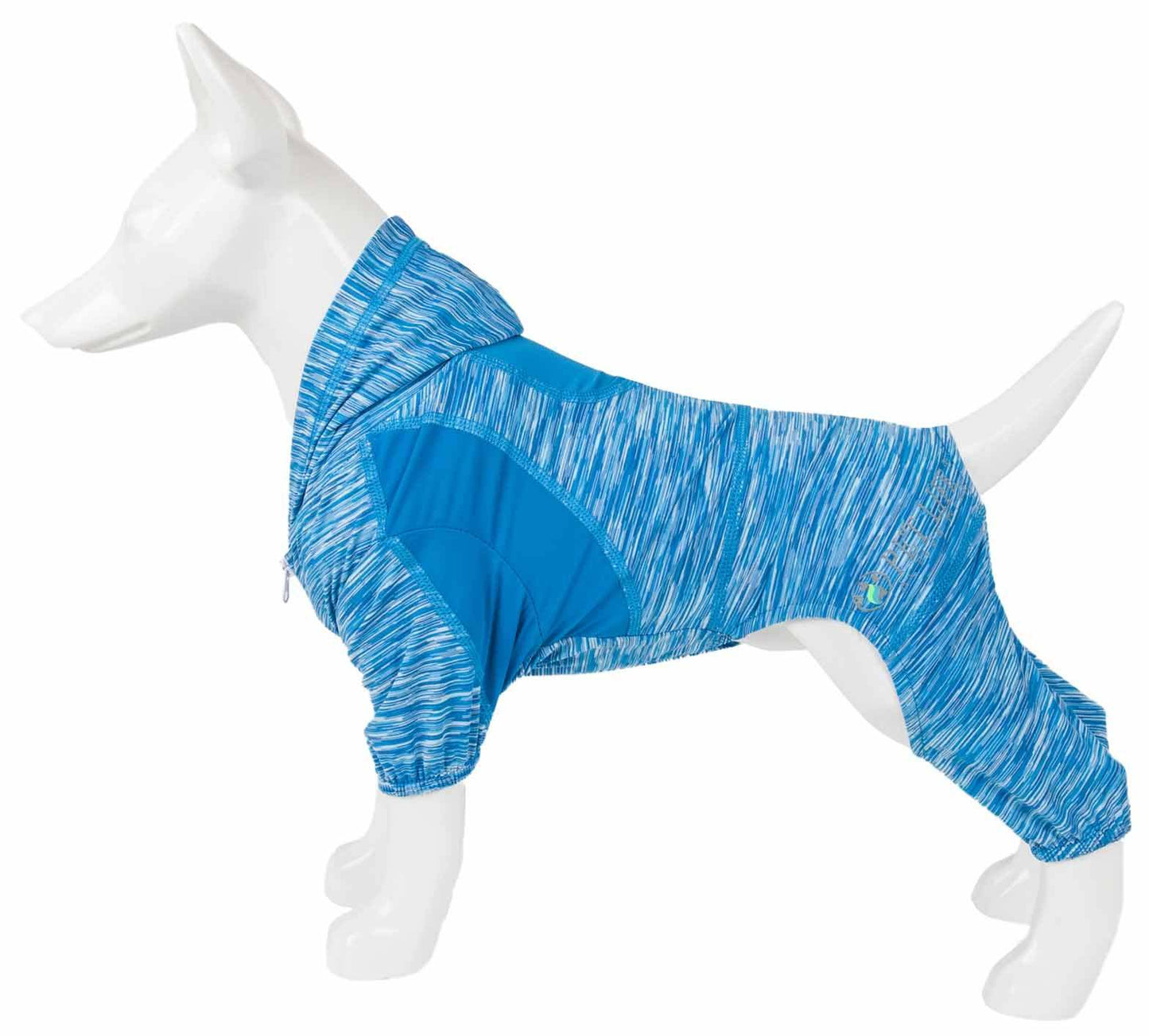 Two-tone blue dog full-body warm up hoodie with hood and belly pocket, stretchy knit