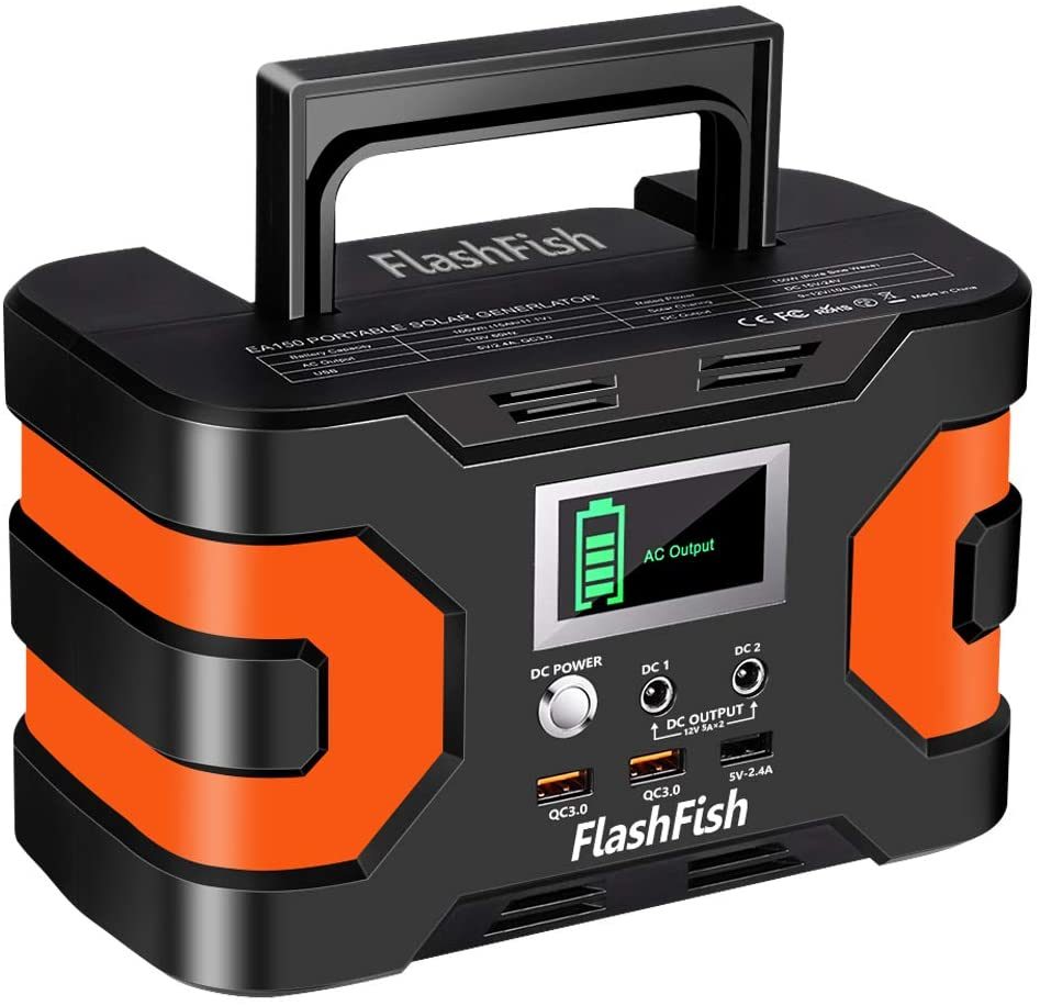 Portable power station with AC output display, USB and DC ports, orange accents