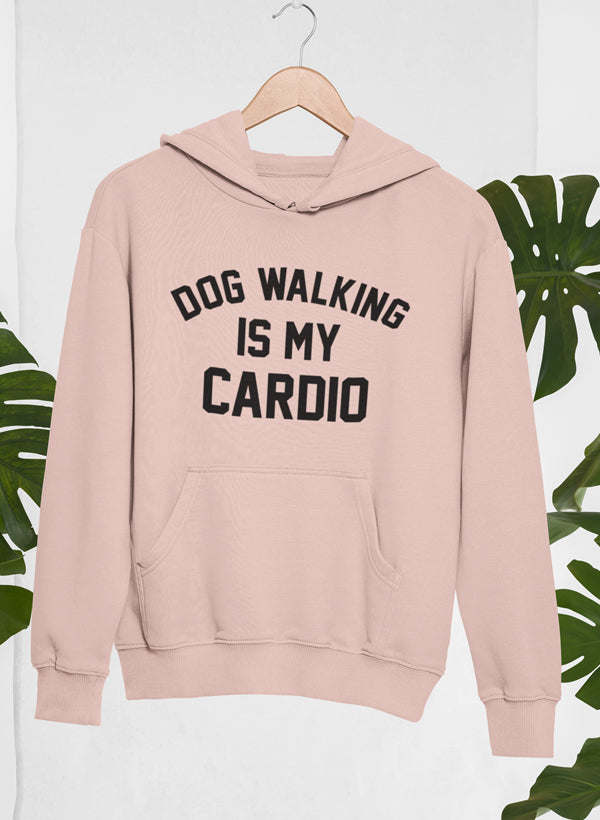 Dusty mauve pullover hoodie with kangaroo pocket and 'DOG WALKING IS MY CARDIO' graphic