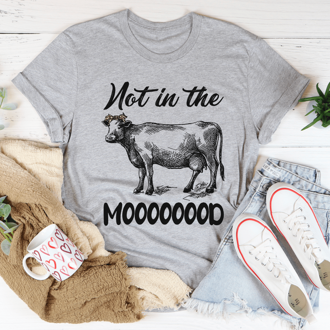 Athletic heather gray graphic T-shirt with cow illustration and bold 'MOOOOOO'