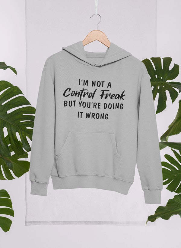 Light gray hoodie with hood and front pocket; white slogan graphic on chest