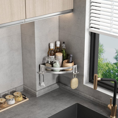 Silver corner shower shelf caddy with multiple holders for bottles and tools