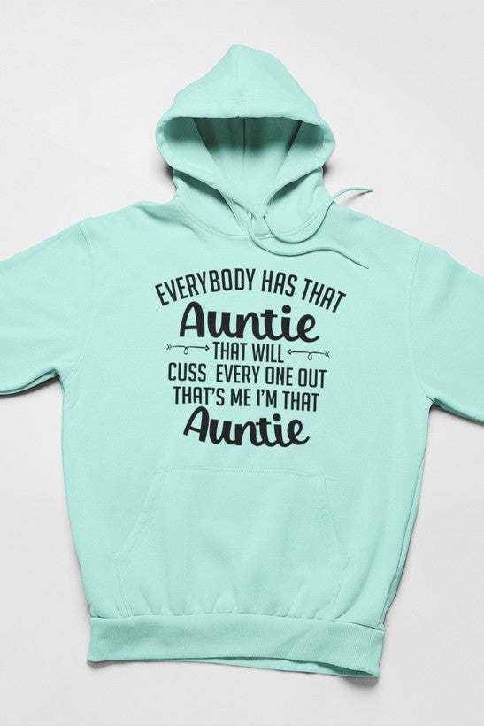 Heather mint hoodie with front hood and large “Auntie” graphic text