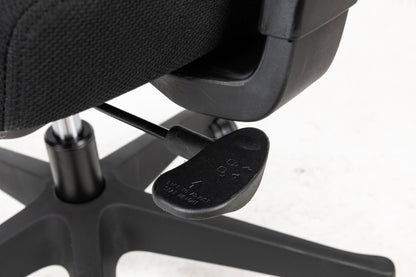 Office chair armrest and underside control lever with adjustment plate