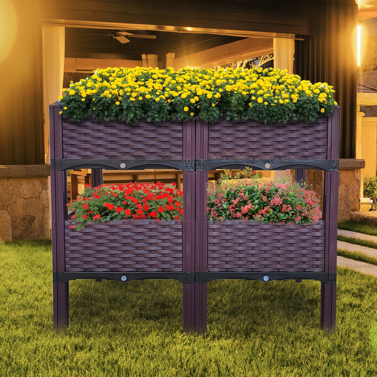Dark purple raised garden bed planter with four compartments and four legs, filled with flowers