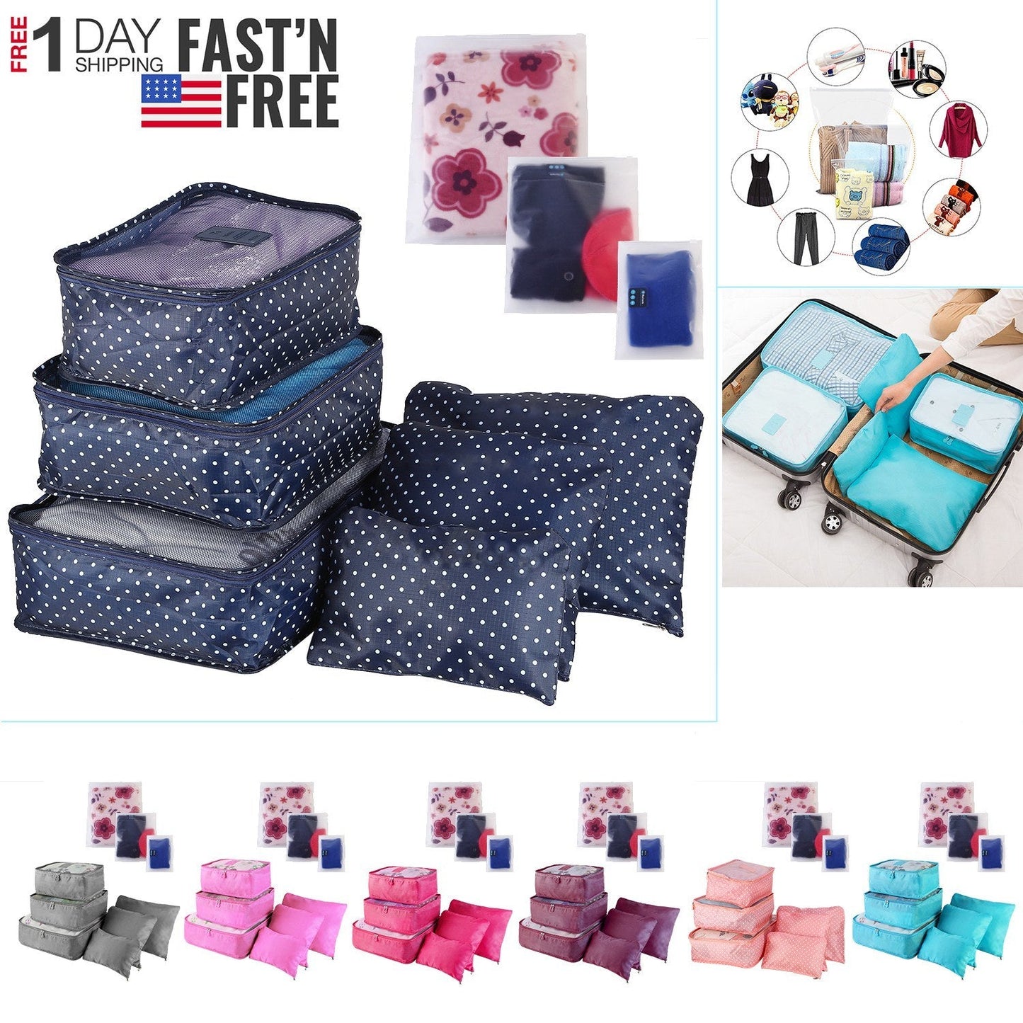 Navy polka dot travel packing cube set with matching zip pouches and clear mesh bags