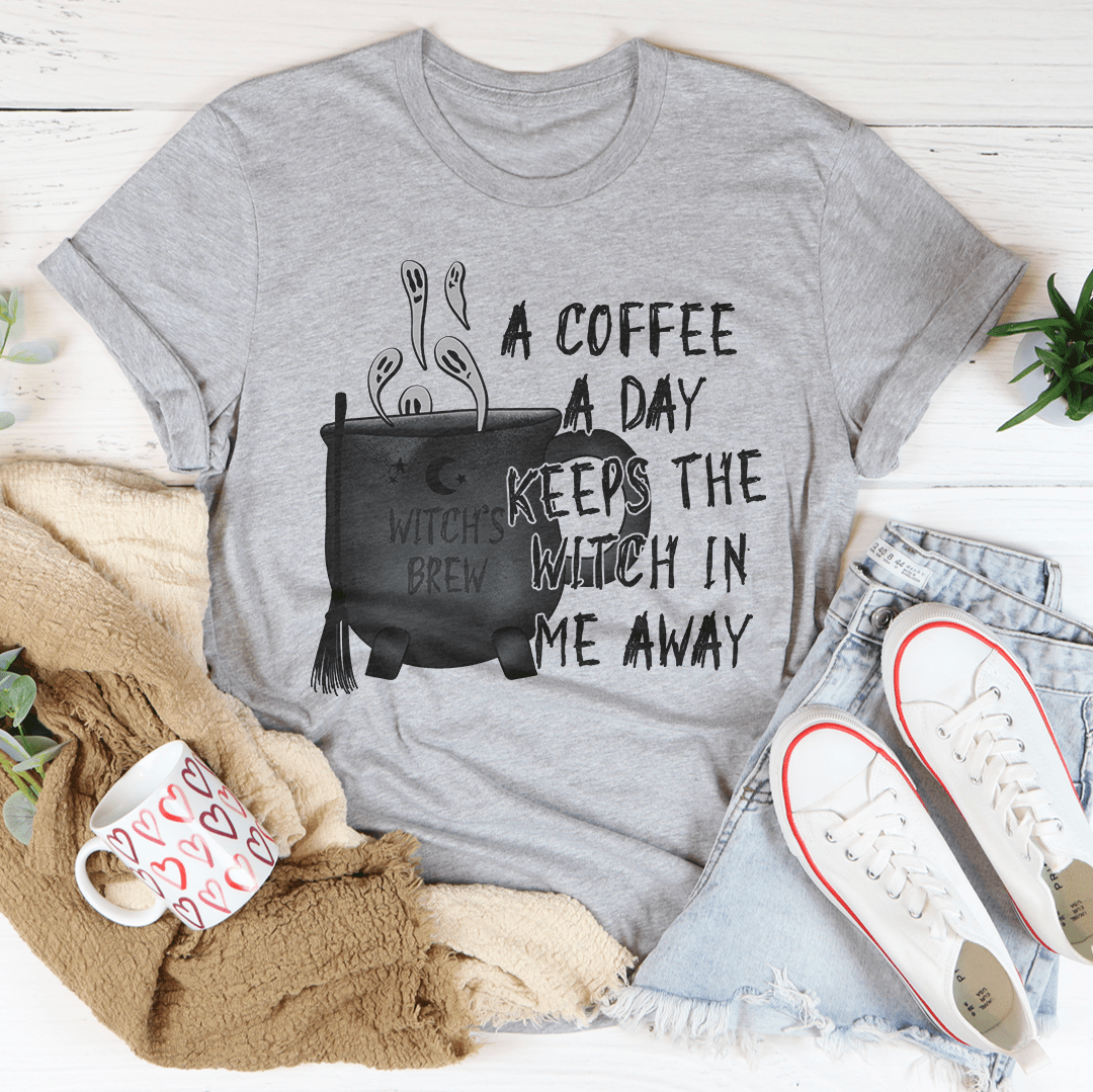 Heather gray crewneck t-shirt with coffee pot and witch-themed front graphic