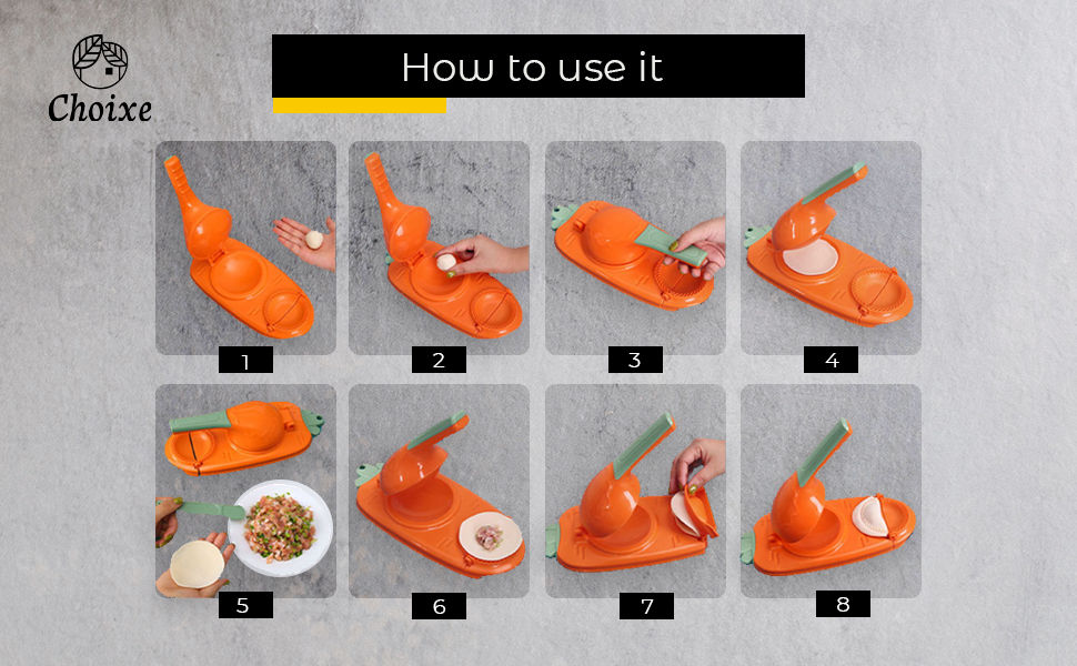 Orange manual dough press shown in multiple use steps