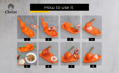 Orange manual dough press shown in multiple use steps