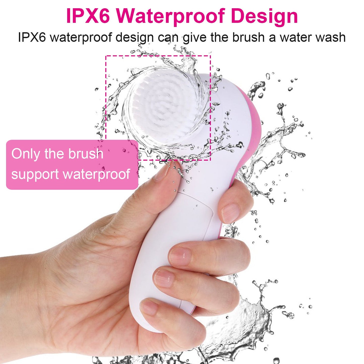 Electric face cleansing brush with pink side panel and round bristle head with water droplets