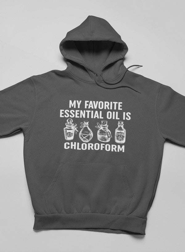 Dark gray pullover hoodie with kangaroo pocket and front print 'ESSENTIAL OIL IS CHLOROFORM'