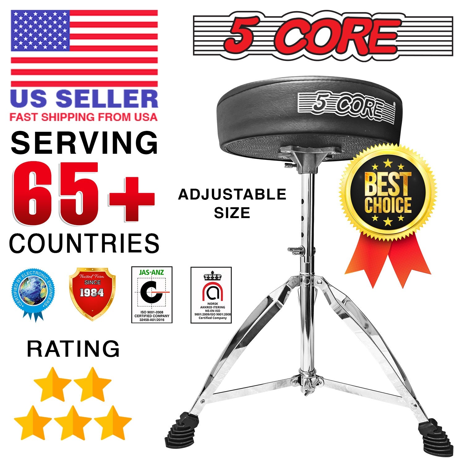 Black round padded drum stool seat with chrome tripod legs and adjustable height.