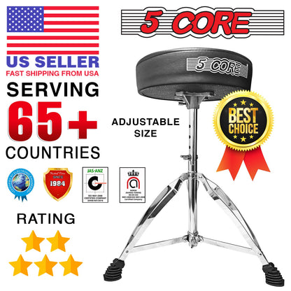 Black round padded drum stool seat with chrome tripod legs and adjustable height.