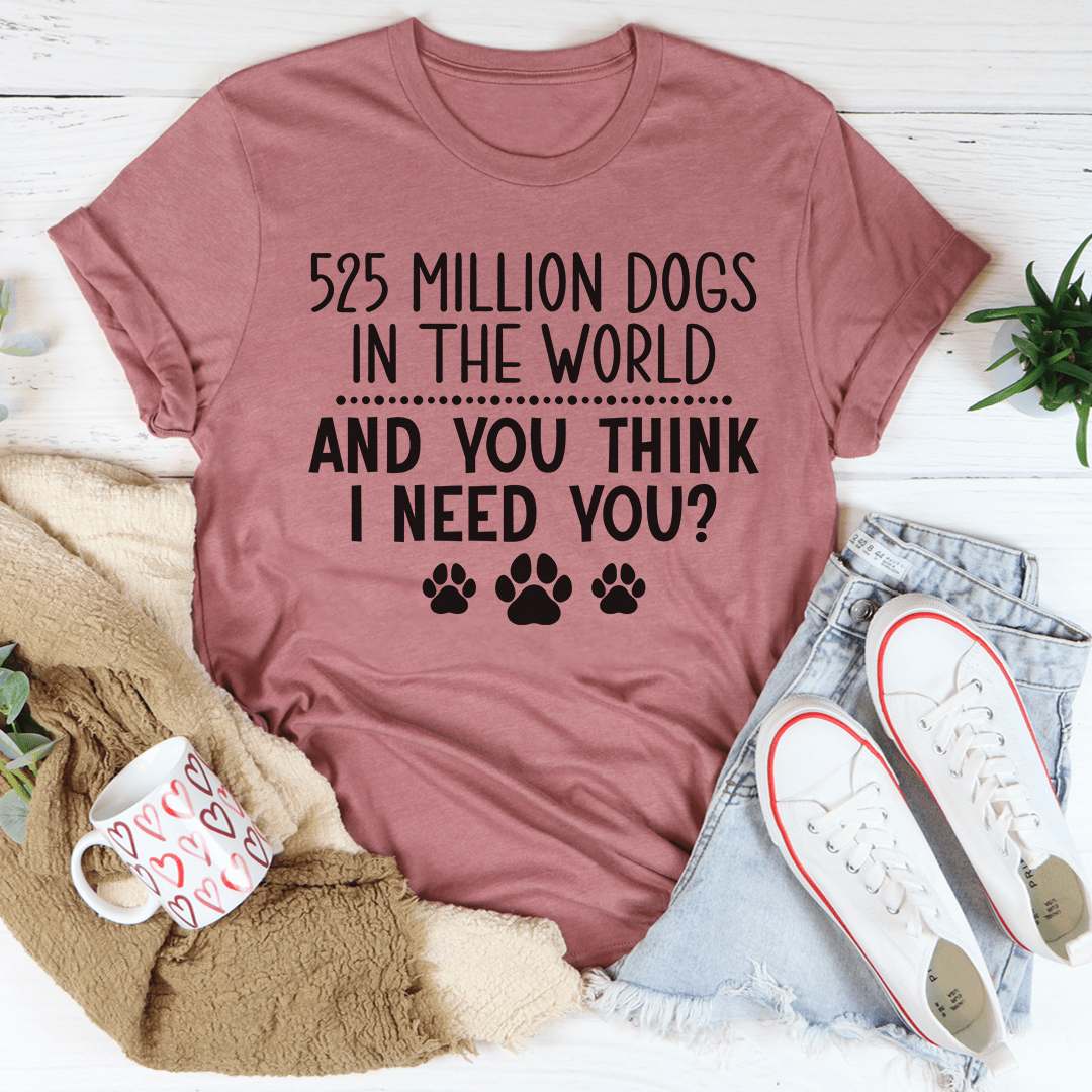 Rose pink crewneck T-shirt with “525 MILLION DOGS” and paw-print graphic