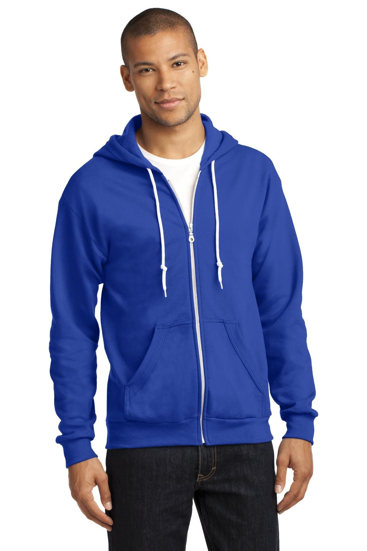 Blue full-zip hooded sweatshirt with white drawstrings and zip pockets