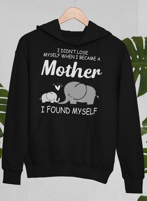 Black motherhood graphic hoodie with front pocket, hood, and long sleeves, Mother text.