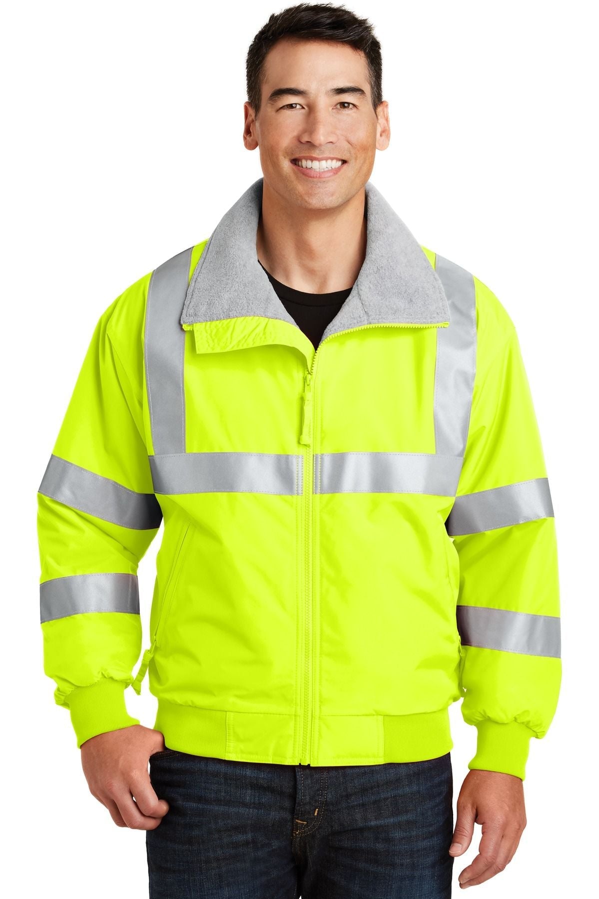 High-visibility yellow jacket with reflective silver chest and sleeve stripes, zip front