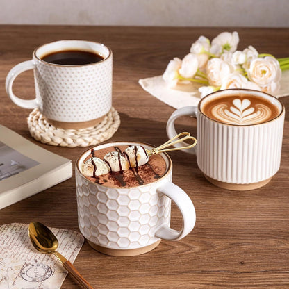 12OZ Stackable Coffee Mugs, Ceramic Coffee Mugs with Texture Patterns for Man,Woman,Dad,Mom, Modern Coffee Mugs Set of 4 for Latte/Cappuccino/Cocoa. Dishwasher&Microwave Safe, Off White