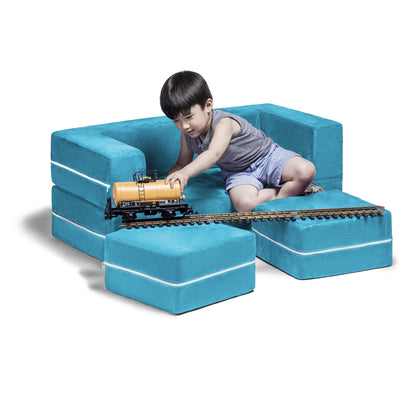 Teal microsuede modular kids loveseat with two ottomans and white piping along edges.