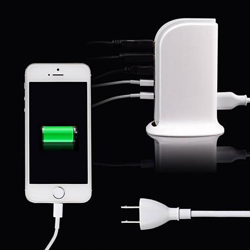 White power tower charger with upright body, visible USB ports, and cable connections