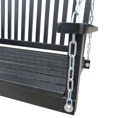Black wood swing armrest and slat back with linked hanging chains.