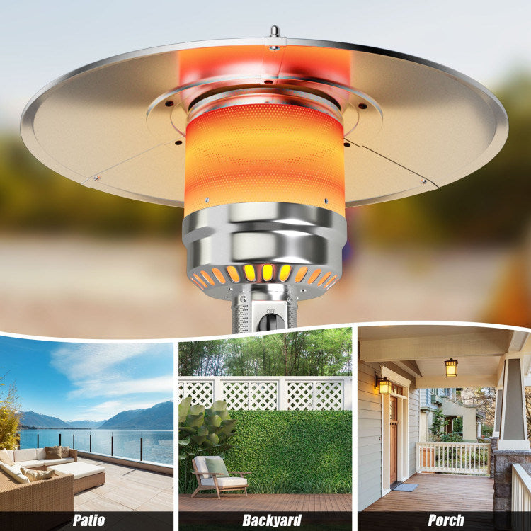 Silver propane heater burner assembly with glowing flame and circular reflector