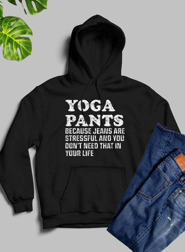 Black yoga pants hoodie with hood and kangaroo pocket, 'YOGA PANTS' print on front