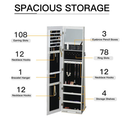 Lockable Jewelry Cabinet Standing Armoire Full Length Mirror LED Lights White Jewelry Organizer