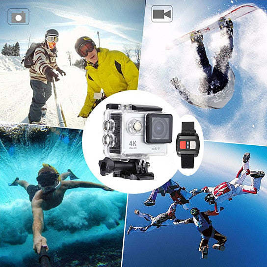 Waterproof action camera housing with wrist remote and sport mounting accessories