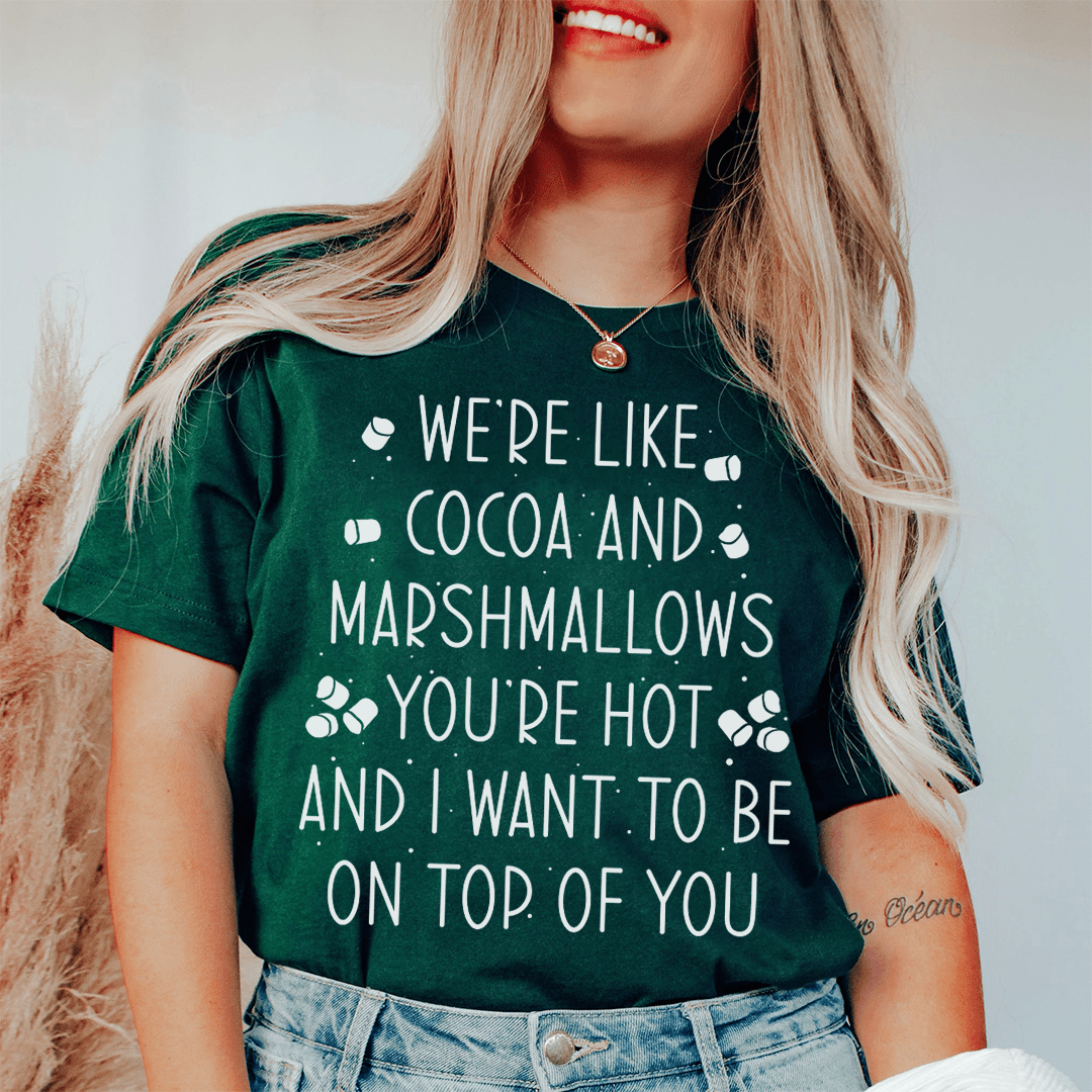 Dark green T-shirt with cocoa and marshmallows quote graphic, crew neck