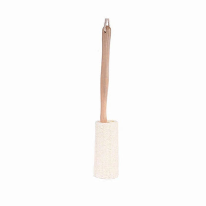 Loofah bath brush with straight wooden handle and small loofah pad