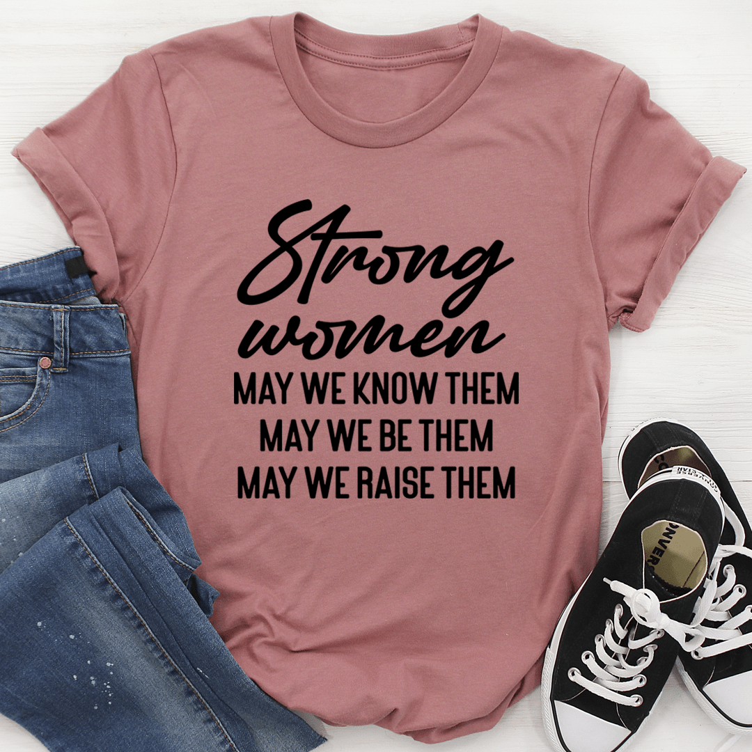 Dusty mauve crew-neck T-shirt with Strong women slogan print, short sleeves