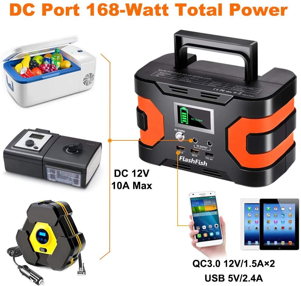Portable power station with DC 12V 10A output and USB QC3.0 ports, orange accents