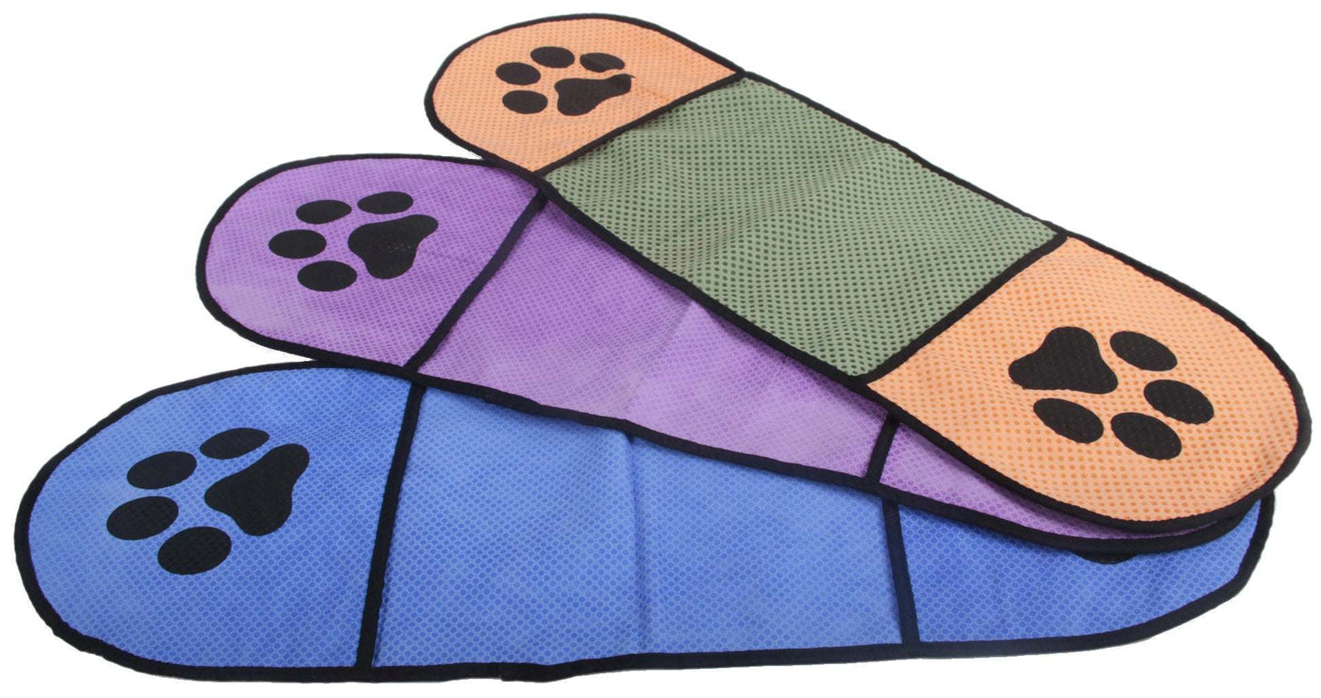 Microfiber pet drying towel with blue base and multicolor paw-print end pads